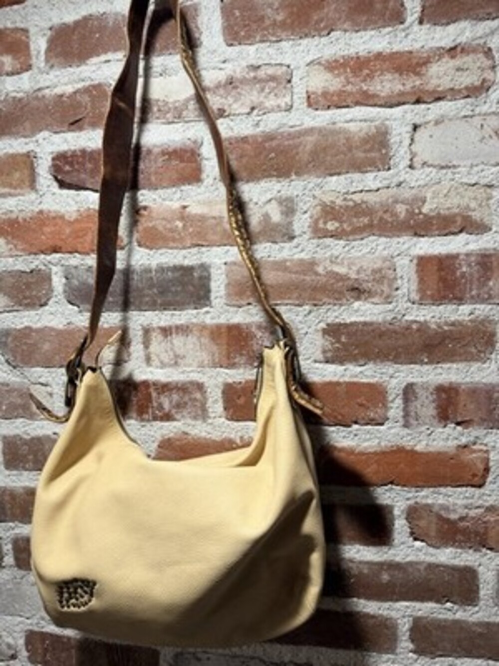 Vintage Y2K Betsey Johnson Cream Leather Hobo Shoulder Bag Buckled Sequin Strap